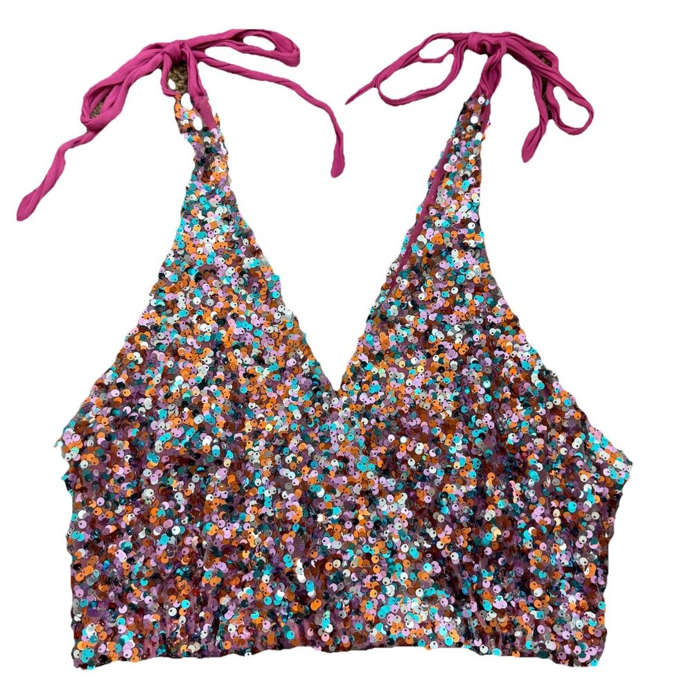 Intimately Free People Big Night Tie Shoulder Sequin Crop Top Pink Women’s Large